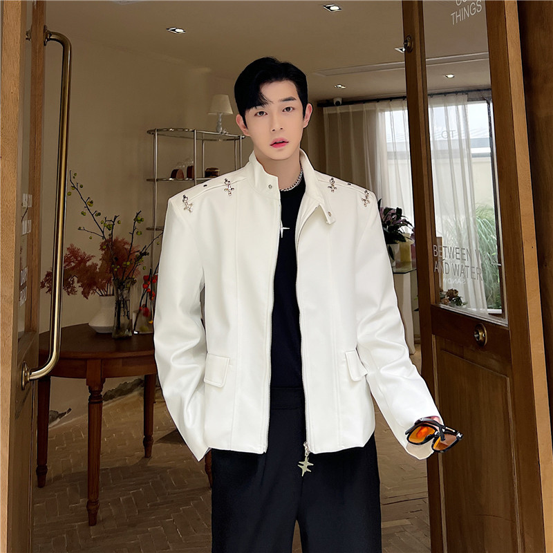 White Short Shoulder Pad Jacket Men's Trendy High-End Autum Style Stand-Up Collar Zipper Niche Jacket Men's Model Outfit Jacket
