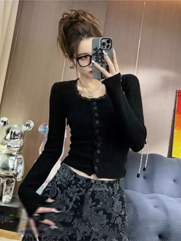 灰色v领蕾丝内搭打底衫女秋季2025新款针织衫短款上衣设计感小众|undefined