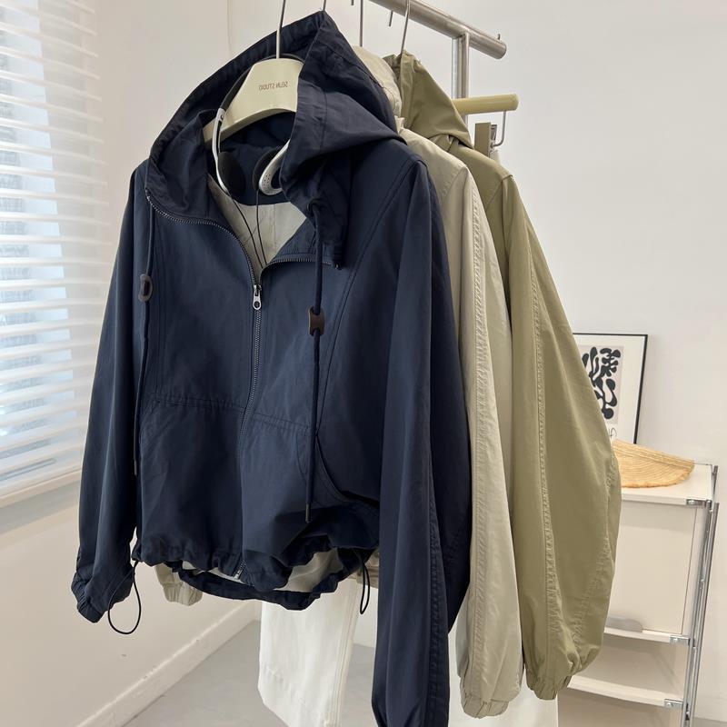 Old money style retro short hooded windbreaker coat female! Loose Zip Cardigan Jacket Windproof Short Coat