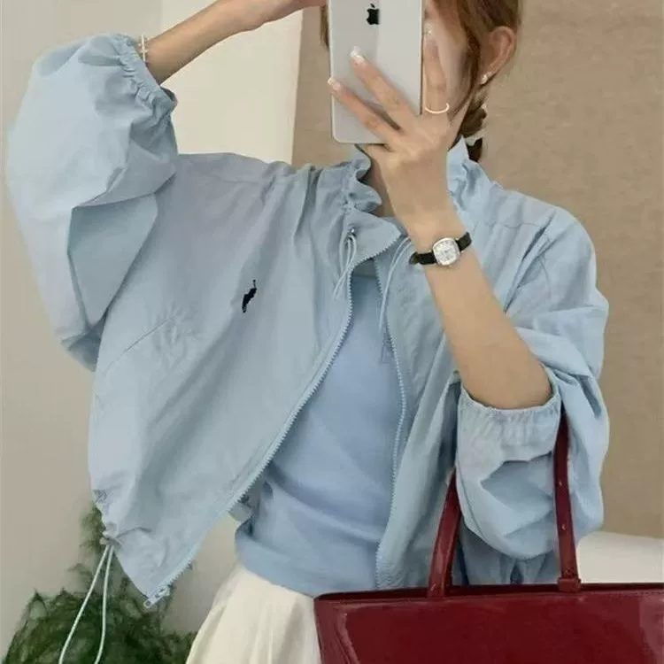 Thin jacket, long-sleeve, drawstring, with embroidery, sun protection, oversize