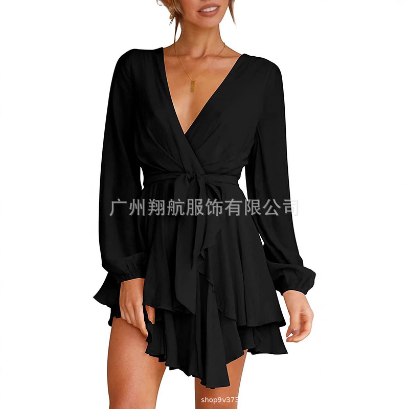 Amazon Popular Women's Dress Deep V-neck Long Sleeve Waist Lace-up Pleated Mini Swing Skate Dress