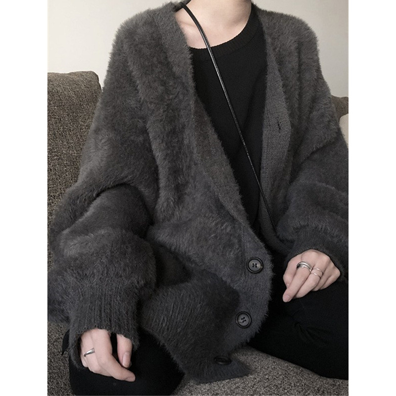 Imitation Mink Velvet Loose Sweater Jacket Autumn and Winter Korean Style Slimming Look Thickeneded Lantern Sleeve V-Neck Knitted Cardigan Top