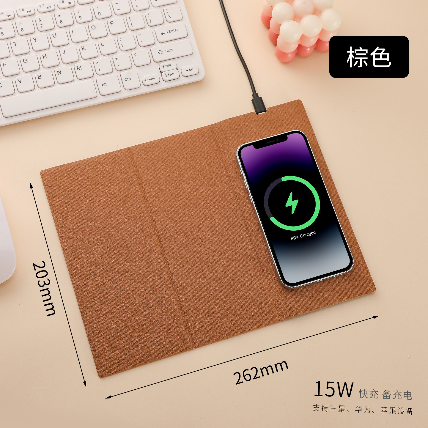 Alfombrilla de ratón con carga inalámbrica 15W, PU antideslizante, oficina comercial, personalizable