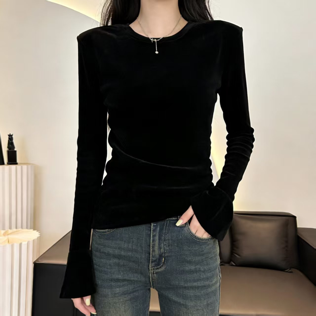 New Spring/Autumn Solid Color Double-Side Pleated Slim Fit Velvet Long-Sleeved Flared Sleeve Base Layer Top for Women (Dropshipping Available)