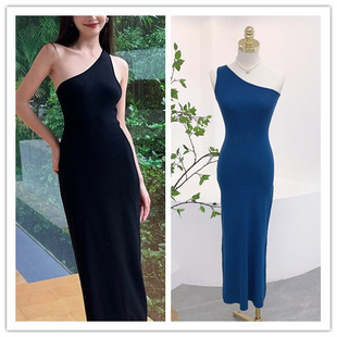 7010 Summer French Retro Elegant Fashionable Slope Neck Off-Shoulder Asymmetrical Design Slim Slim Vest Dress for Women