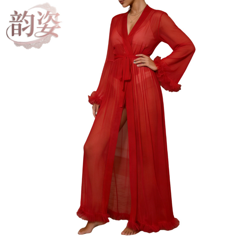 2026 New Sexy See-Through Nightgown, Bell-Sleeve Lace Lingerie Set for Women, Summer Wholesale Nightwear, Mesh Robe