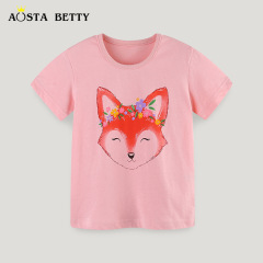 Wholesale 2024 Summer New Girls' Children's Fox Print Knit Cotton T-shirt for Kids, Toddler Round Neck Sports Top