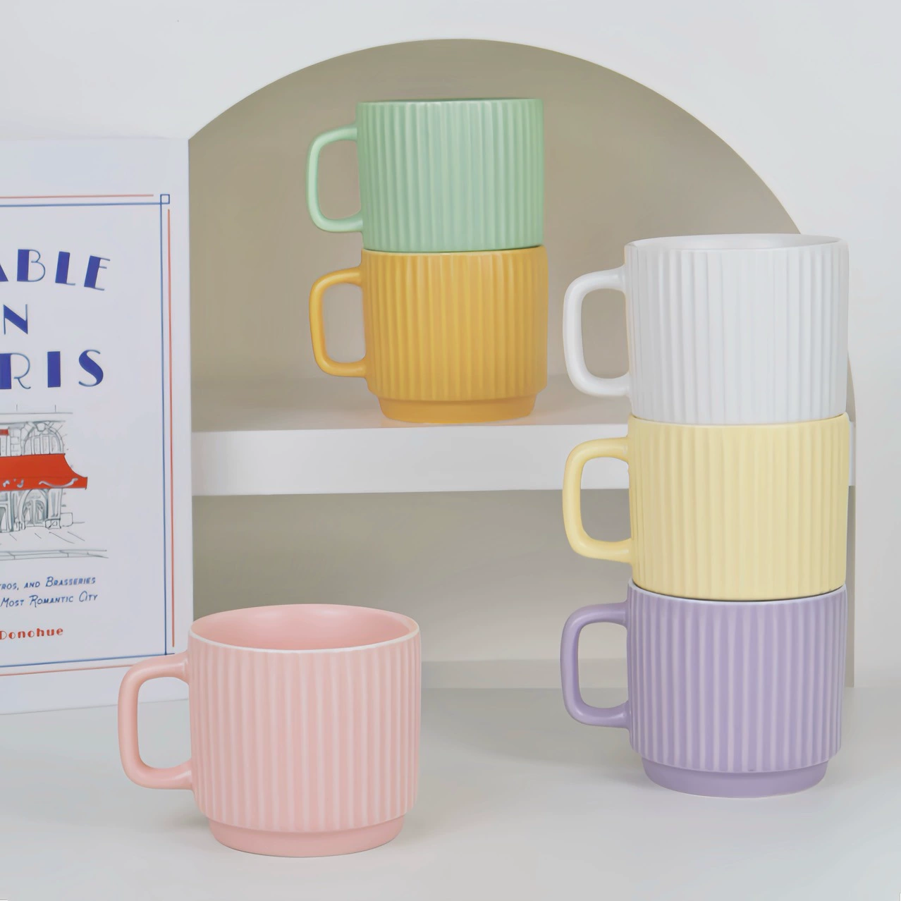 Vertical Ceramic Mug, 201–300 ml, Striped Couple Gift Set, Multiple Colors