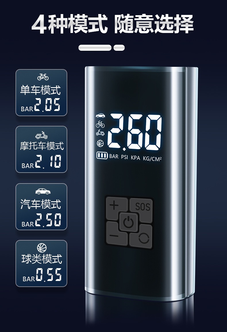 Wireless portable multi-functional car air pump with digital display, emergency air pump, electric car tire inflator