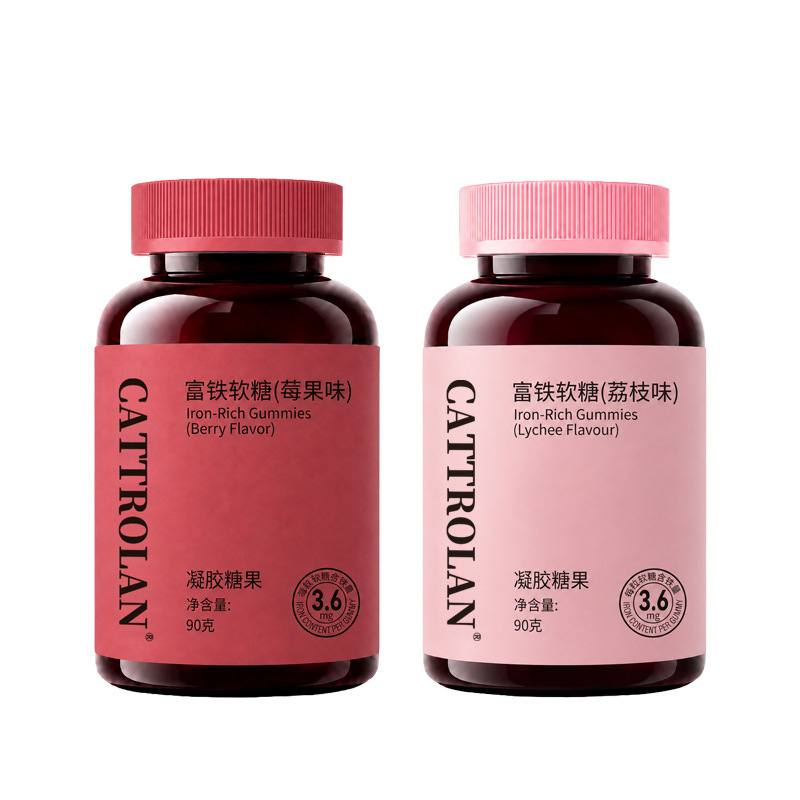 CATTROLAN iron gummy candies, a type of gel candy, are designed for women and contain iron. They come in berry and lychee flavors and are sugar-free