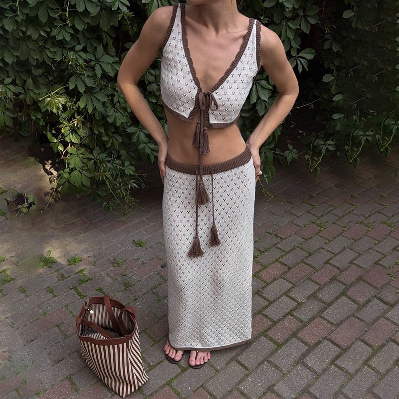 Cross-Border Cut Out Contrasting Color Knitted Suit Women's Two-Piece Lace-Up Sleeveless Casual and Comfortable Export 2025 Summer New Style
