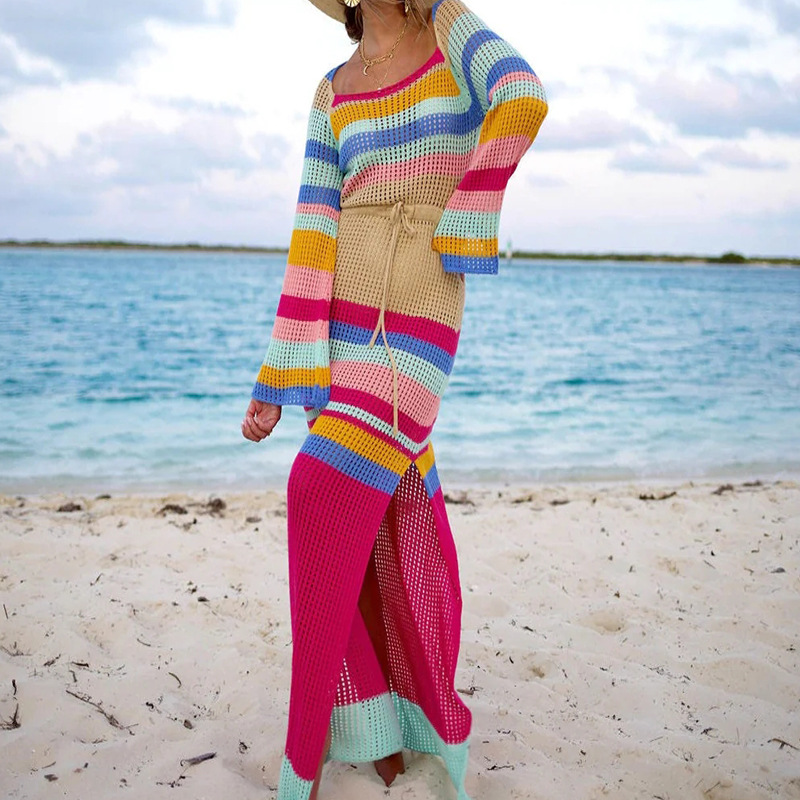 欧美连衣裙毛衣连衣裙沙滩罩衫彩虹条纹长款连衣裙23502