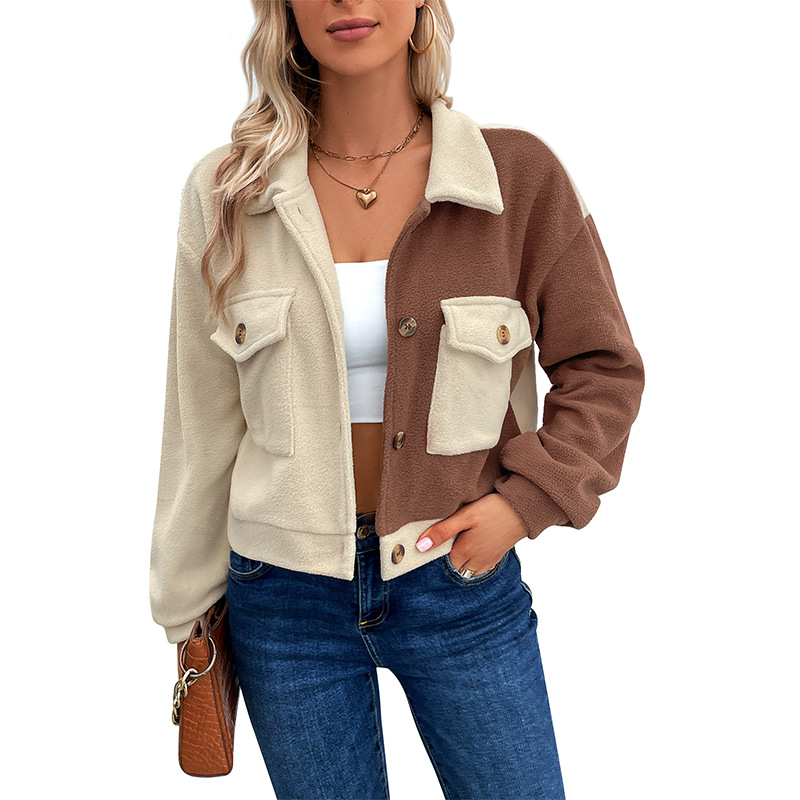 Autumn and Winter Contrast Color Block Jacket Lapel Short Jacket Polar Fleece Jacket_voghion.com