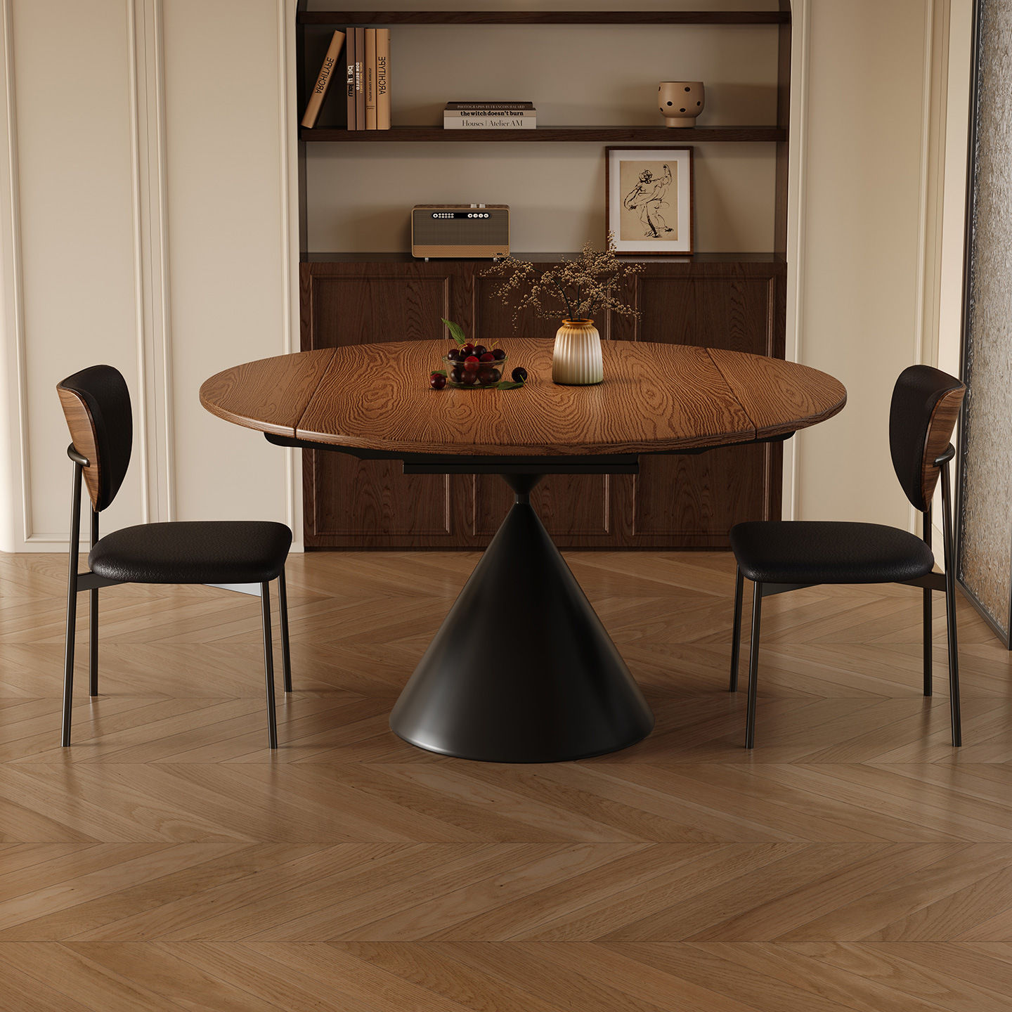 Retro francés estilo medieval cera blanca madera retráctil mesa de comedor de madera sólida mesa redonda casa pequeña mesa plegable de doble propósito