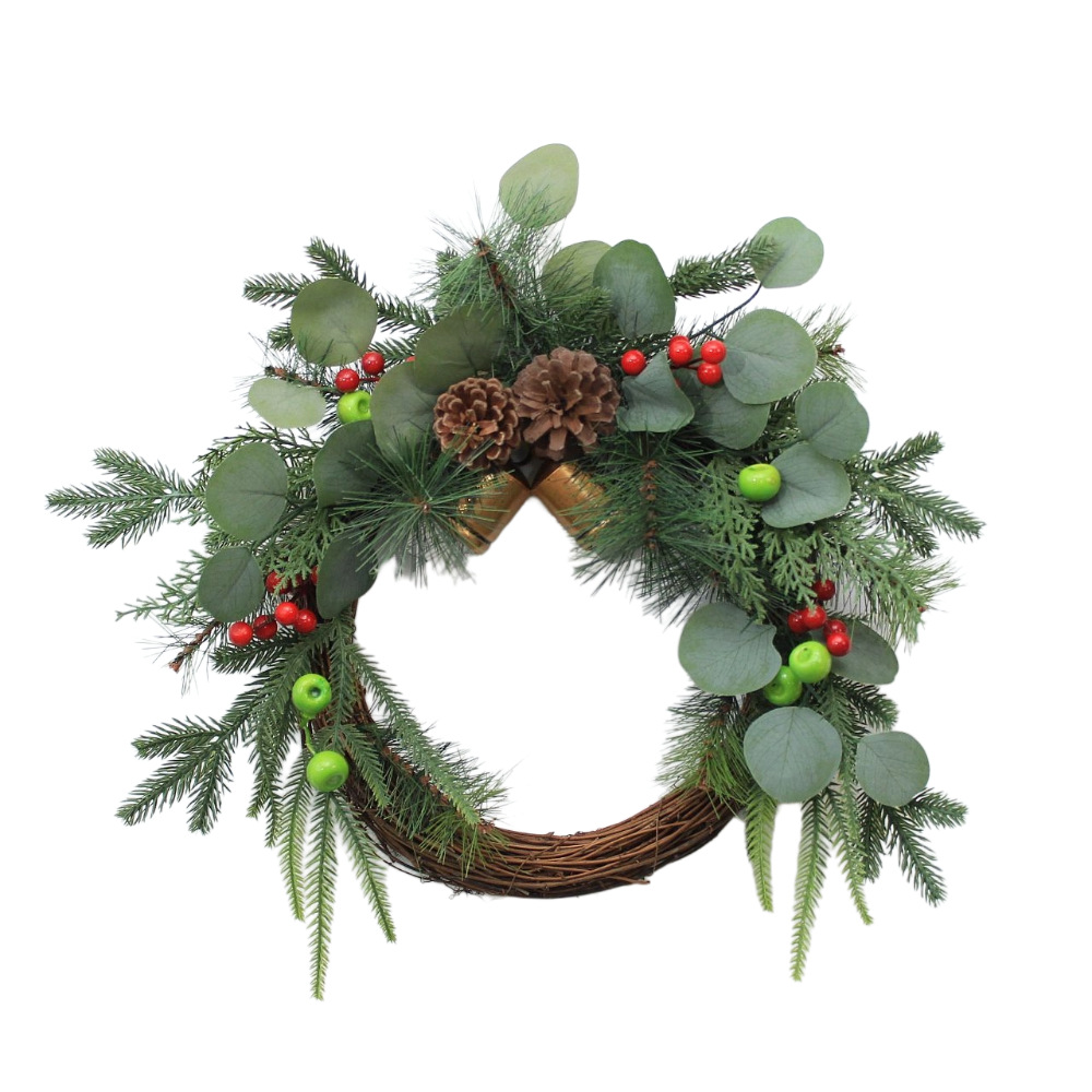 跨境圣诞装饰藤圈花环挂饰 仿真绿植红果松果创意装饰 门饰布置