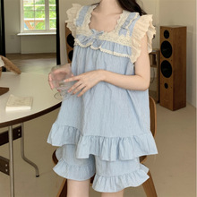 韩国chic女士夏季甜美蕾丝小清新细格可爱无袖宽松舒适家居服套装