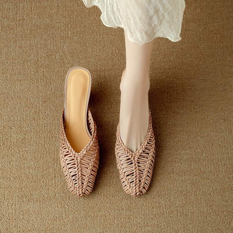 Fashionable Fine ~ Straw Square Toe Sandals Women's Summer Thin Heel High Heel Baotou Half Slippers French Vintage Woven Muller Shoes