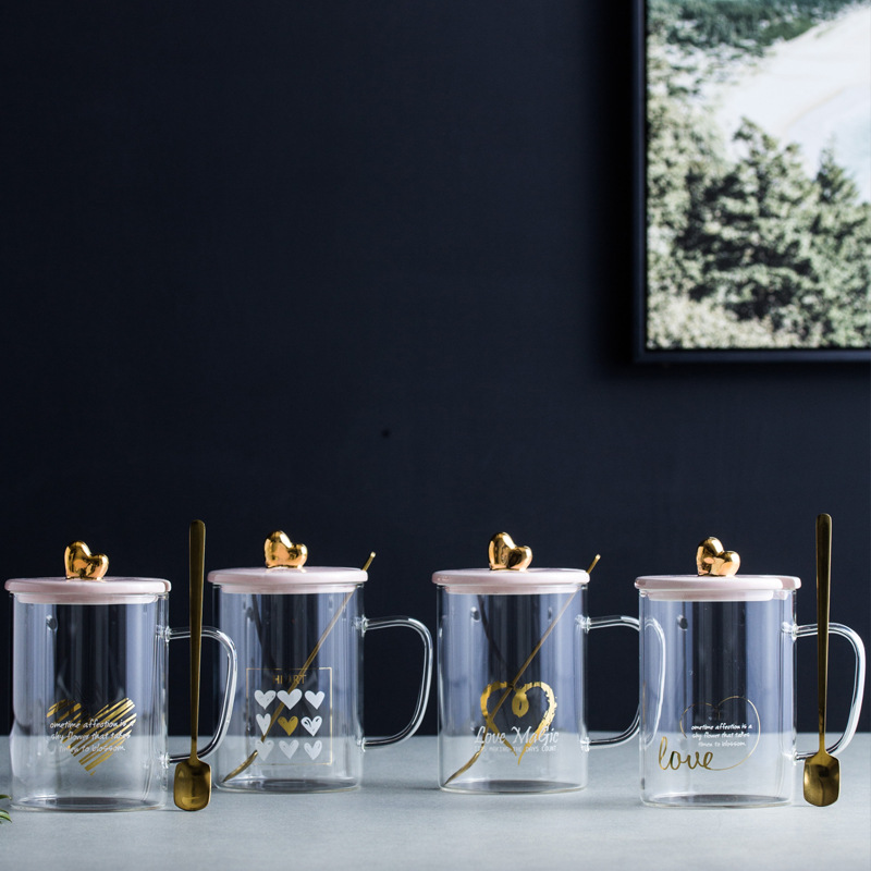 粉色少女桃心玻璃杯 可爱透明带把水杯 ins网红带盖勺燕麦杯