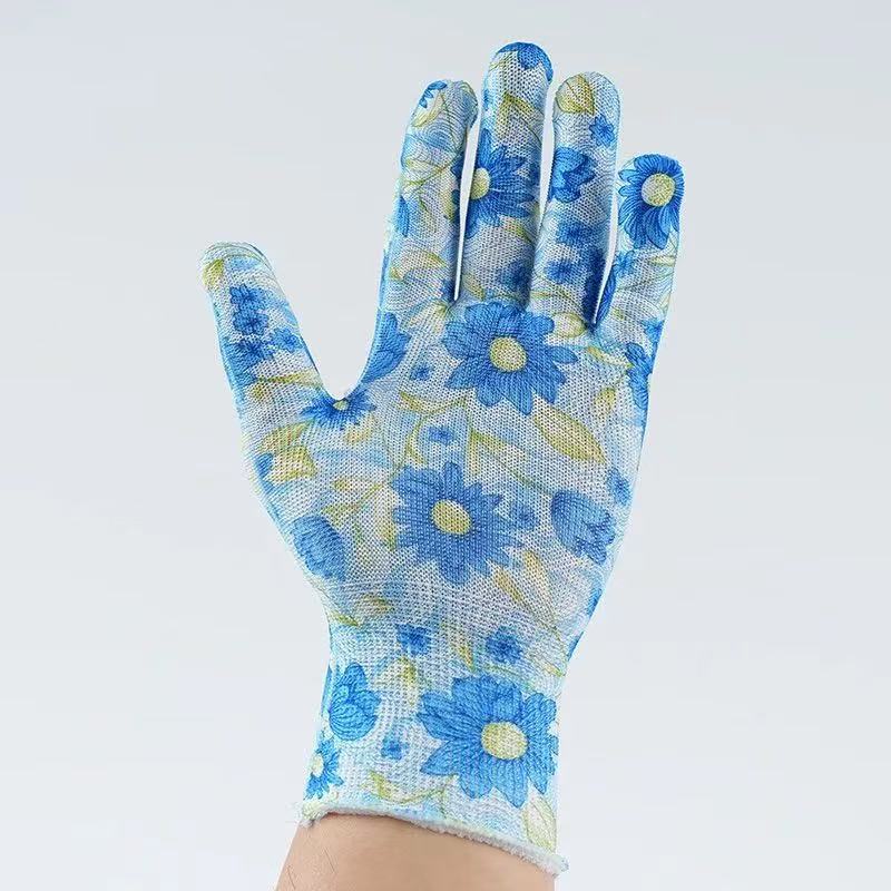 Juego de guantes de palma recubiertos de PU coloridos para mujer, protección laboral, antideslizantes, estampados, engomados, al por mayor, guantes finos de protección laboral image 18