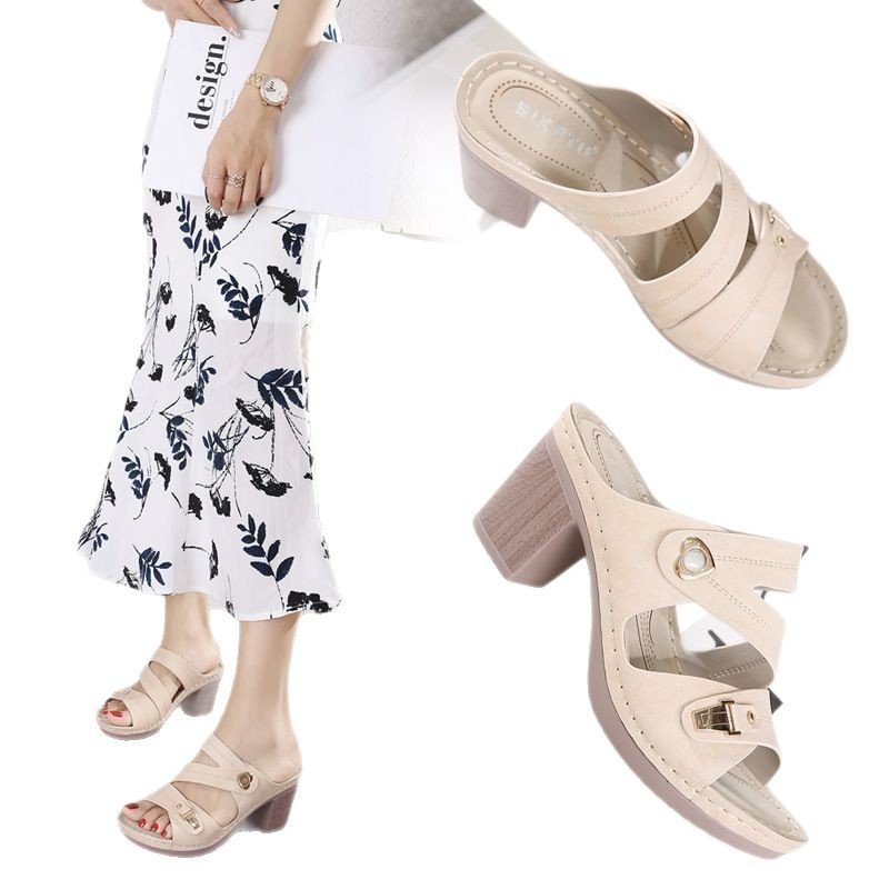 (Oferta especial, no se repone) Sandalias de mujer estilo europeo y americano con hebilla metálica, cosidas, transfronterizas, tacones gruesos, talla grande, pantuflas cómodas