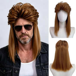 复古男士鲻鱼头假发80 年代摇滚Mullet棕色中长发万圣节派对头套