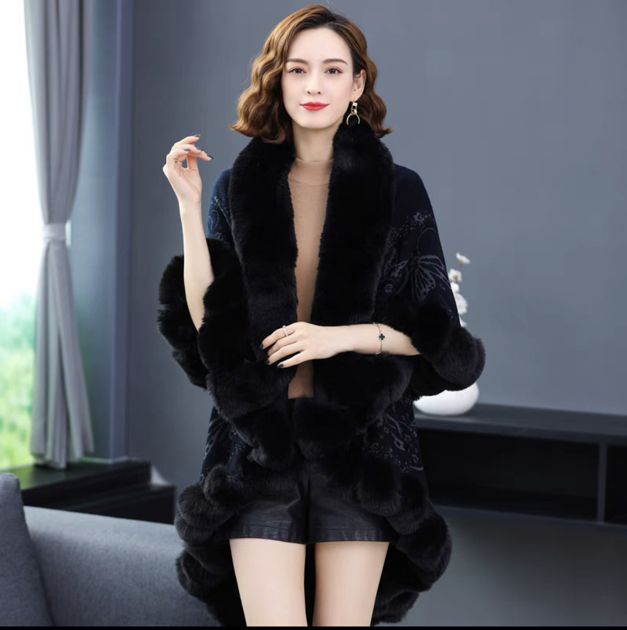 Fur collar cape cape ladies plus-size jacquard knit cardigan loose coat_voghion.com