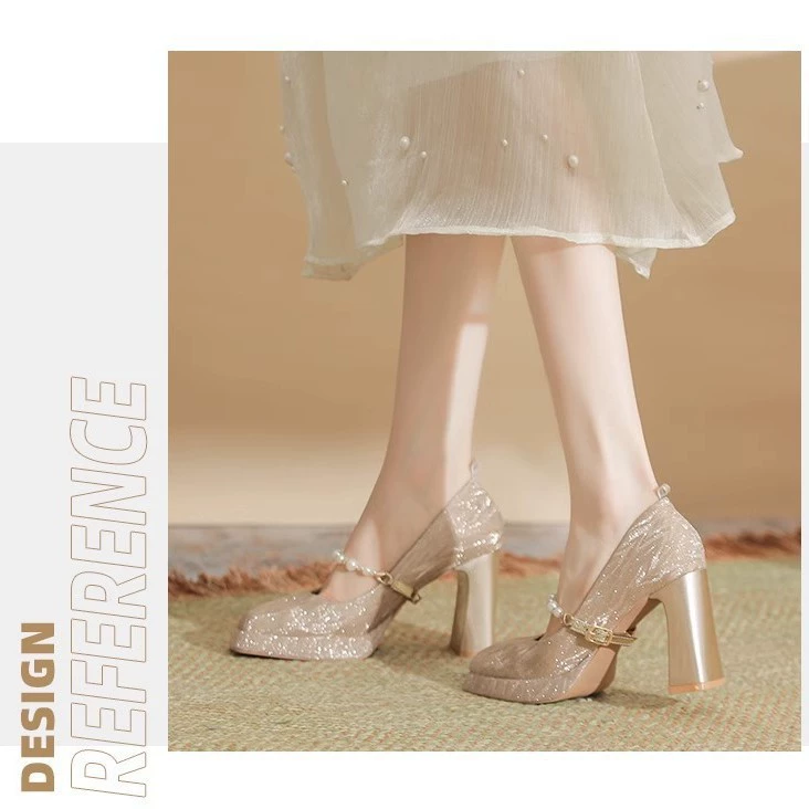 Квадратная голова Мэри Джейн толстый каблук 2025 французский новый водонепроницаемый стол модная пряжка женская туфли на высоком каблуке темперамент одиночные туфли