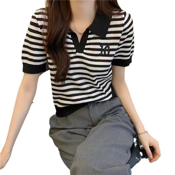 Vintage Gentle Polo Collar Short-sleeved Knitted T-shirt Women's 2025 Summer New Arrival Embroidered Fashionable Comfortable Age-reducing Top