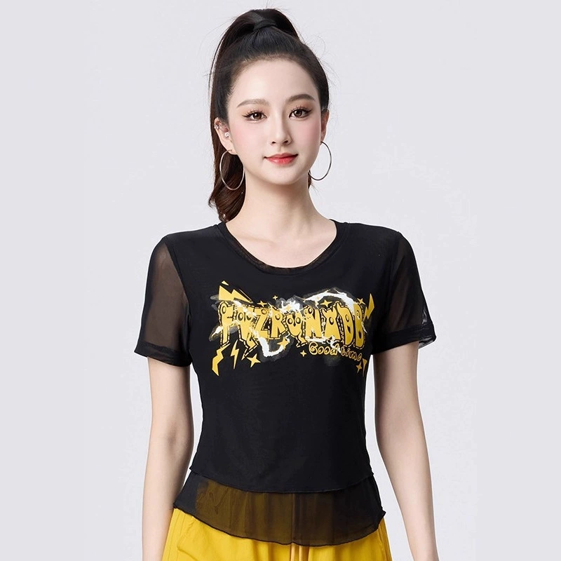 Новая летняя спортивная одежда, топы, сетчатая быстросохнущая футболка с круглым вырезом, модная одежда с принтом для фитнеса, гимнастики, танцев