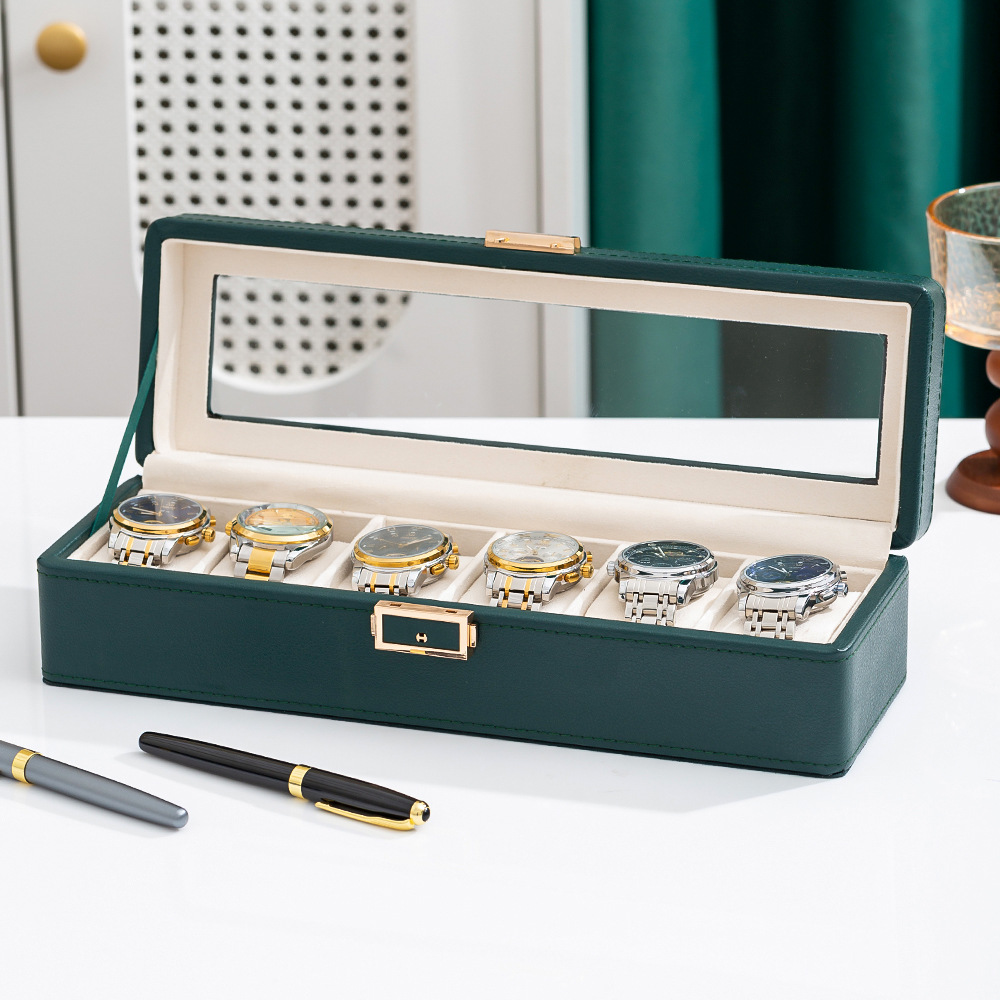 Caja de reloj de gama alta con patrón de lichi nuevo negro y verde 3 dígitos 6 dígitos 12 dígitos reloj de doble capa caja de almacenamiento de joyas