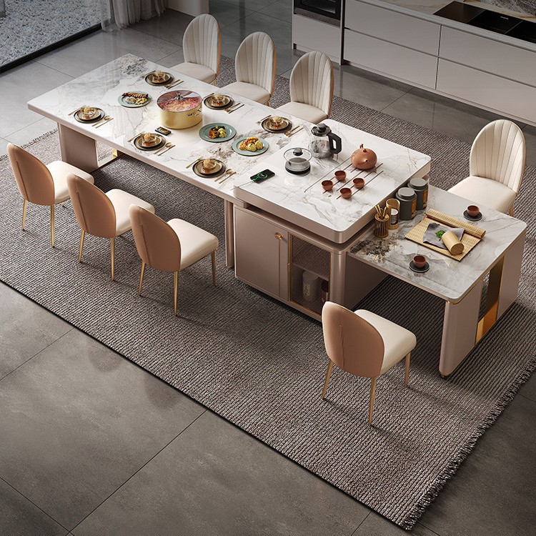 Mesa de comedor de mesa de mesa de isla integrada, losa de roca de lujo ligero, giratoria, retráctil, móvil, cocina de inducción doméstica moderna, combinación de mesa y silla de comedor
