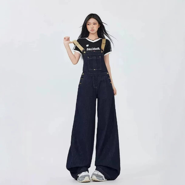 American Retro Dark Blue Denim Overalls for Women 2026 Spring and Summer New Style Age-Reducing Loose Slimming Wide-Leg Straight Pants