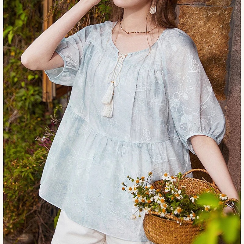 2026 Summer New Style Puff Sleeve Textured Babydoll Shirt Round Neck Top Jacquard Shirt for Women S86S427A