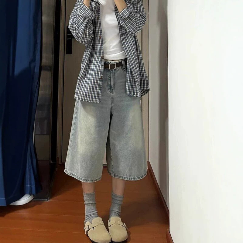 Vintage Light-Colored Straight-Leg Jeans for Women, Summer Plus-Size, Lazy Style, High-Waisted, Loose Fit, Slimming, Cropped Wide-Leg Pants Vintage Light-Colored Straight-Leg Jeans for Women, Summer Plus-Size, Lazy Style, High-Waisted, Loose Fit, Slimming, Cropped Wide-Leg Pants
