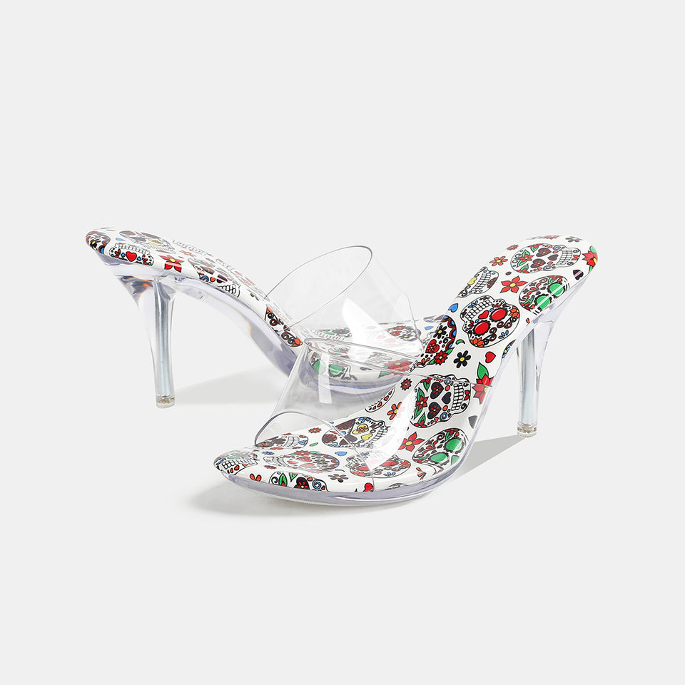 Giày sandal nữ quai ngang gót nhọn siêu cao lộ ngón chân, đế trong suốt pha lê nhiều màu, form rộng — trắng, đen chi tiết 3