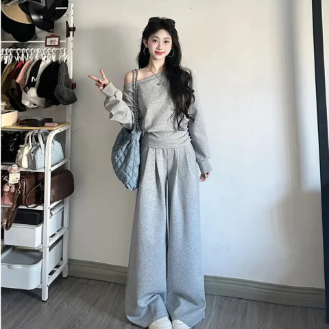 设计感斜肩卫衣套装女春秋季时尚显瘦宽松韩版学生休闲运动两件套|undefined