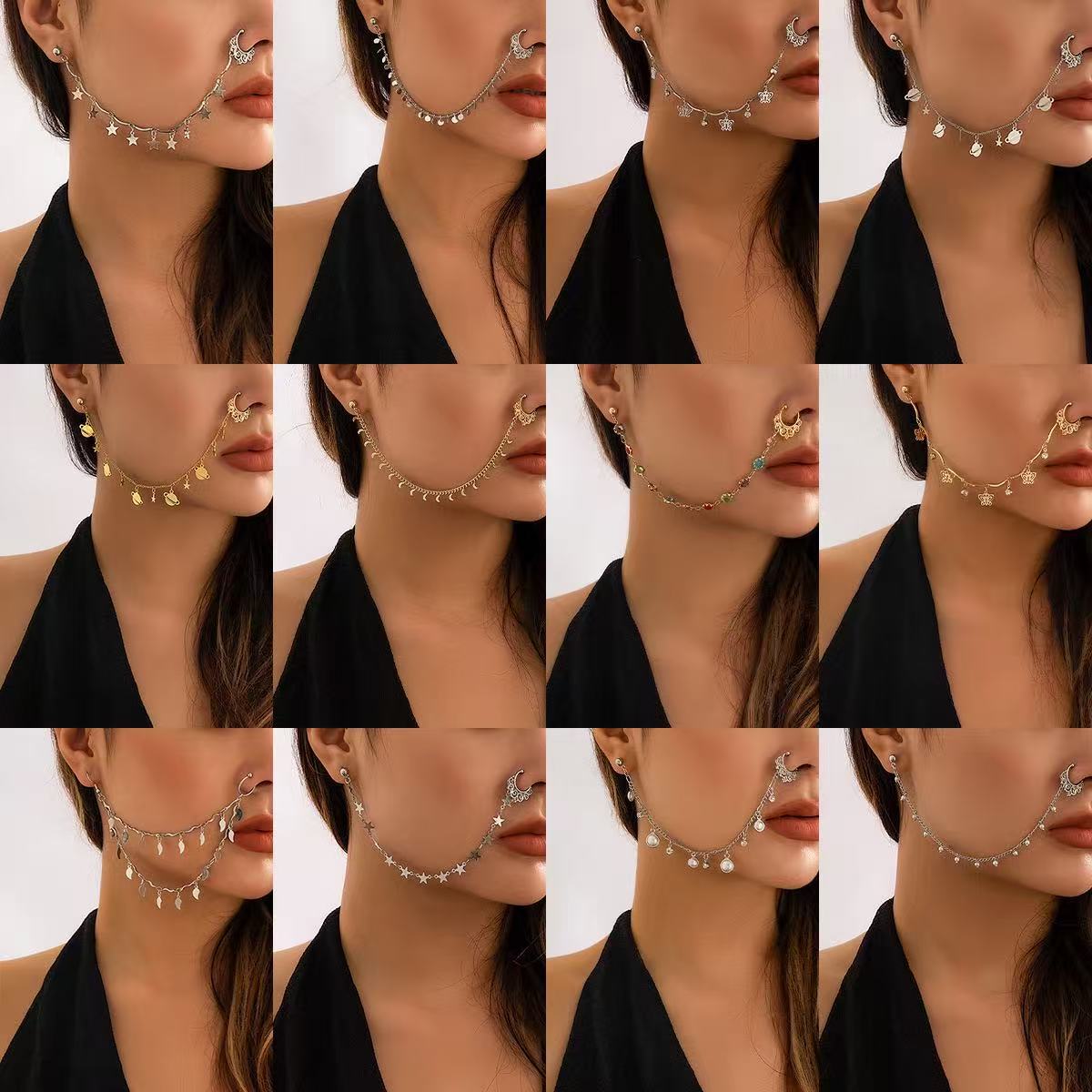Argola de nariz sem piercing estrela e lua com borlas estilo etnico_voghion.com