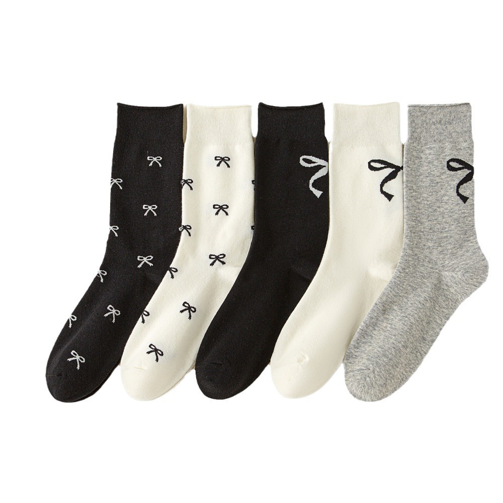 Calzini con fiocco, calzini da donna, calzini tubolari, jacquard, Corea del Sud, personalizzati, autunnali e invernali, versatili, assorbenti del sudore, carini, calzini in cotone bianco e nero_voghion.com