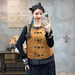 Autumn and Winter New Cotton and Linen Ethnic Style Round Neck Retro All-match Contrast Color Buckle Vest Embroidered Sleeveless Elegant Ware