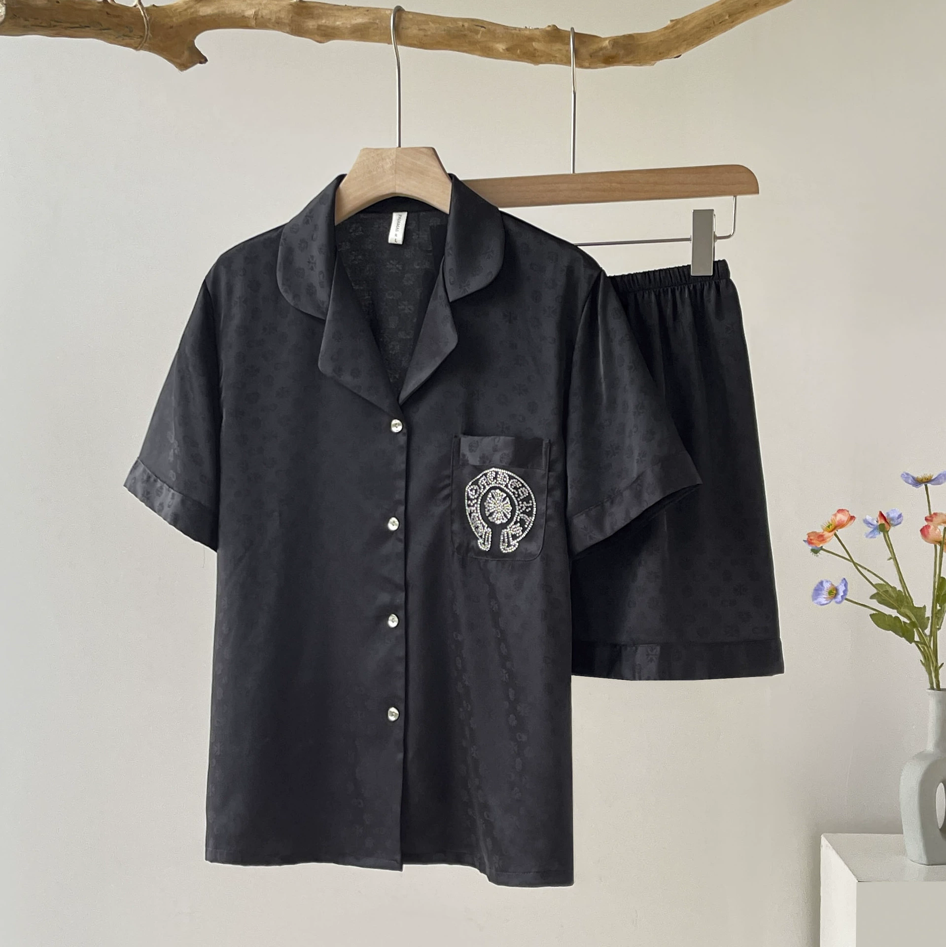 Ледяная шелковая пижама женская горячая дрель летняя жаккардовая роскошная новая шорты с короткими рукавами