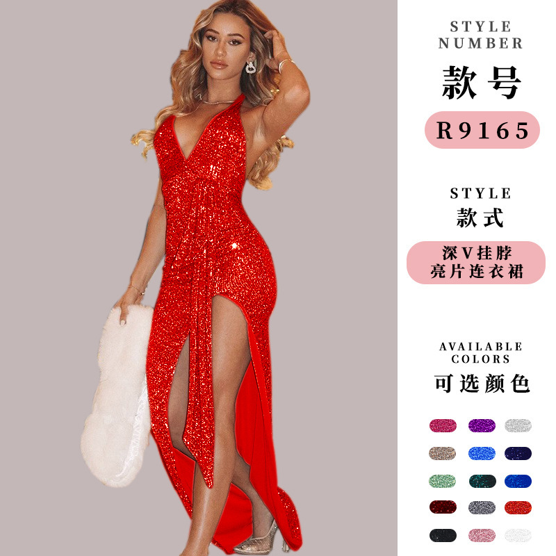Cross-Border European and American Women's Halter Neck Ribbon Dress, Summer Dress for Women, Fashionable Party Sequin Long Dress for Women