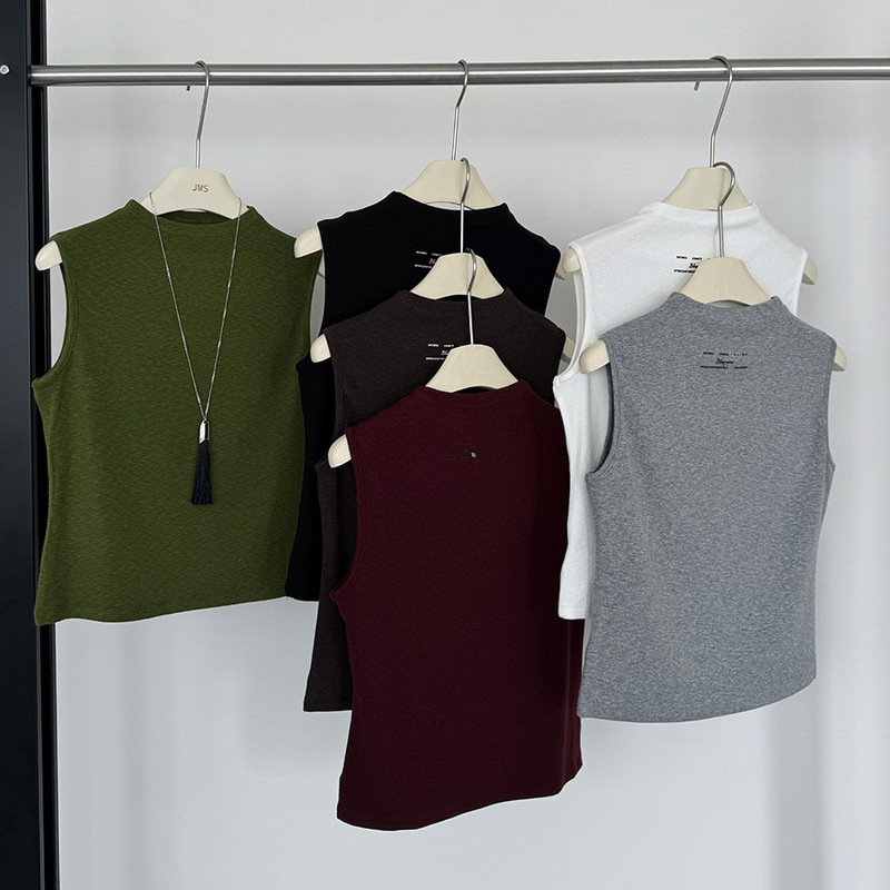 Leino Women's New Korean-Style Half-High Collar Sleeveless Vest T-Shirt with Letter Print Design Top Ins