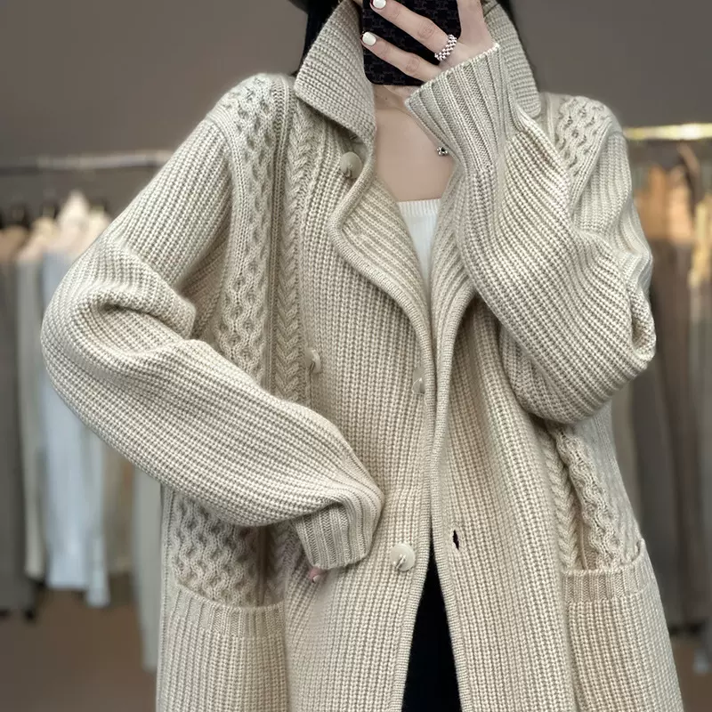 重磅女毛衣外套韩版宽松加厚慵懒羊绒大衣秋冬中长款羊毛针织开衫