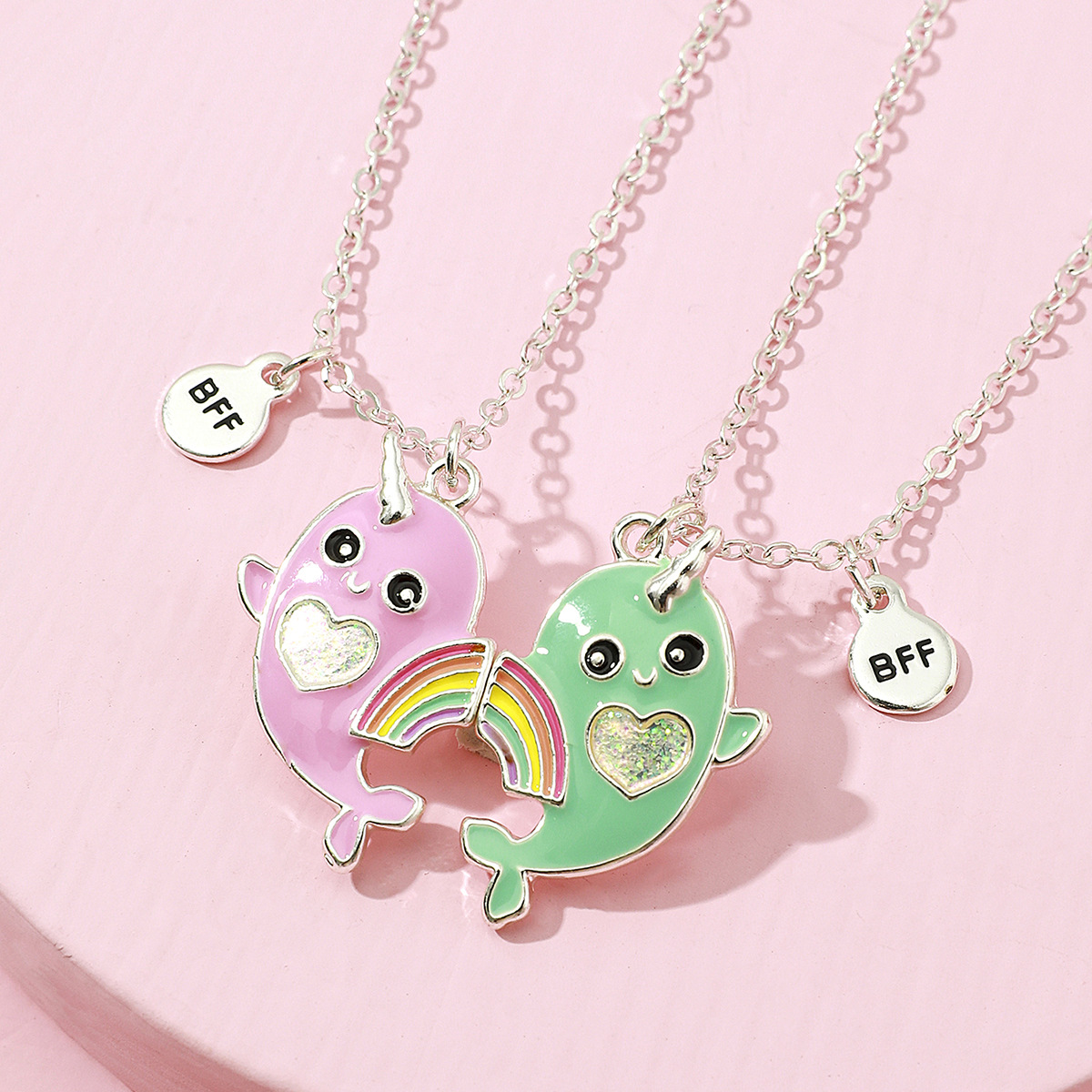 Cute Rainbow Heart Shape Whale Alloy Handmade Enamel Kid's Necklace 2 Piece Set display picture 1