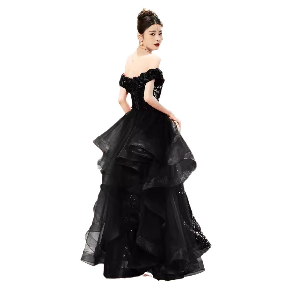 Đầm dạ hội lệch vai đen đính sequin ôm body dáng dài — Màu đen (lưới không thể tháo rời), Màu đỏ rượu vang (lưới không thể tháo rời)