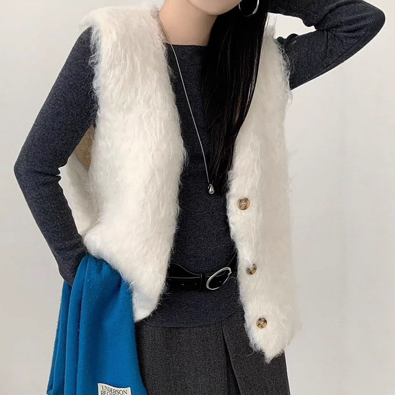 Korean-Style Fluffy Solid Color Knitted Vest Jacket for Women, Autumn and Winter, Age-Reducing, Versatile, Eco-Friendly Faux Fur Cardigan 1477 Korean-Style Fluffy Solid Color Knitted Vest Jacket for Women, Autumn and Winter, Age-Reducing, Versatile, Eco-Friendly Faux Fur Cardigan 1477