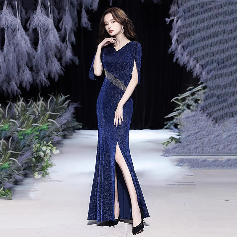 Blue Evening Dress for Women 2025 New Host Classy Ladylike Elegant Accessible Luxury Niche Classy Fishtail Long Skirt