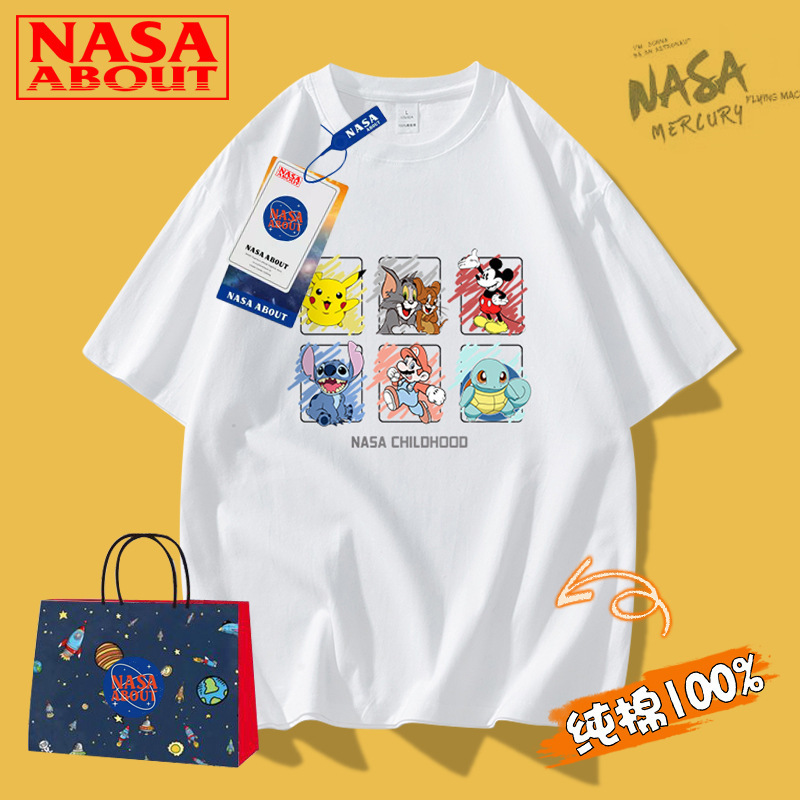 NASA Summer Japanese Casual Men's T-Shirt Thin Heavy Cotton Loose Short Sleeve Trendy Sports Couple T-Shirt