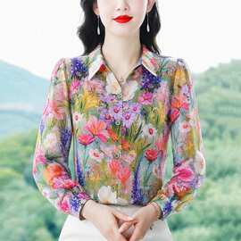 时尚翻领长袖衬衫女士秋季新款印花小衫洋气减龄通勤上衣
