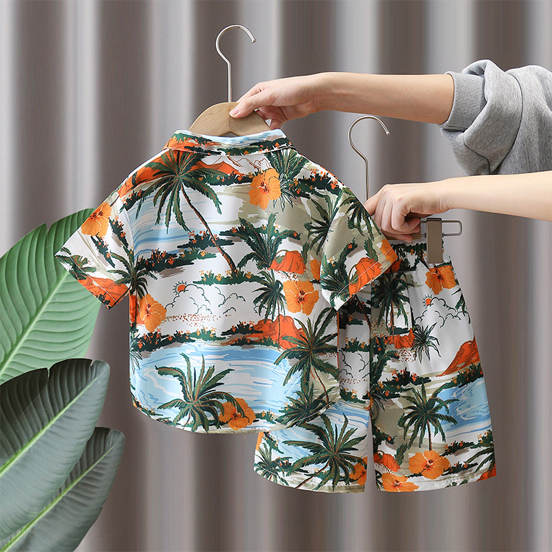 7219 Traje de camisa de flores para niños 2025 nueva camisa de manga corta de celebridades de Internet de verano para niños ropa fina de vacaciones en la playa